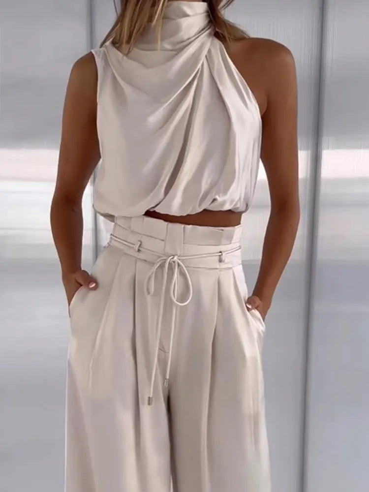 Satin Two-Piece Set | Draped Crop & Wide-Leg Pants | Elegant & Flowing