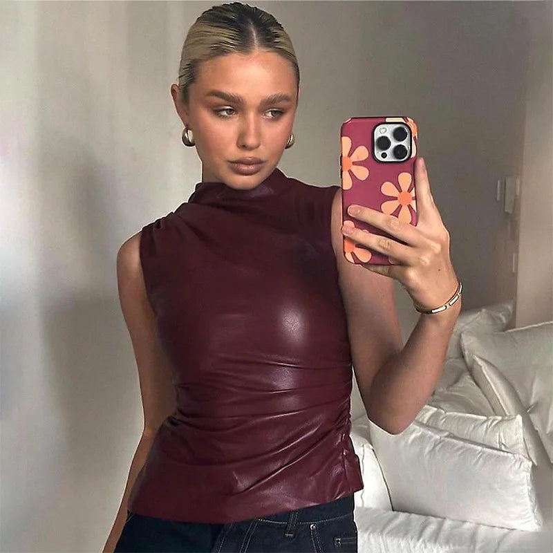 Faux Leather Sleeveless Top | Draped Neck | Bold & Sleek