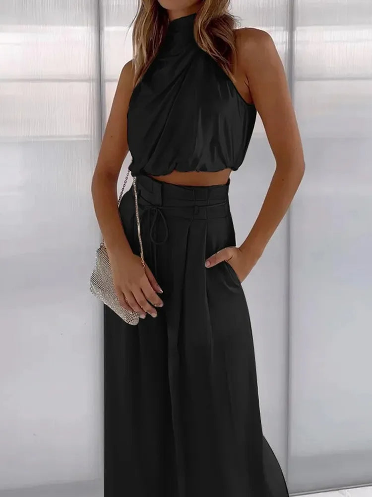 Satin Two-Piece Set | Draped Crop & Wide-Leg Pants | Elegant & Flowing