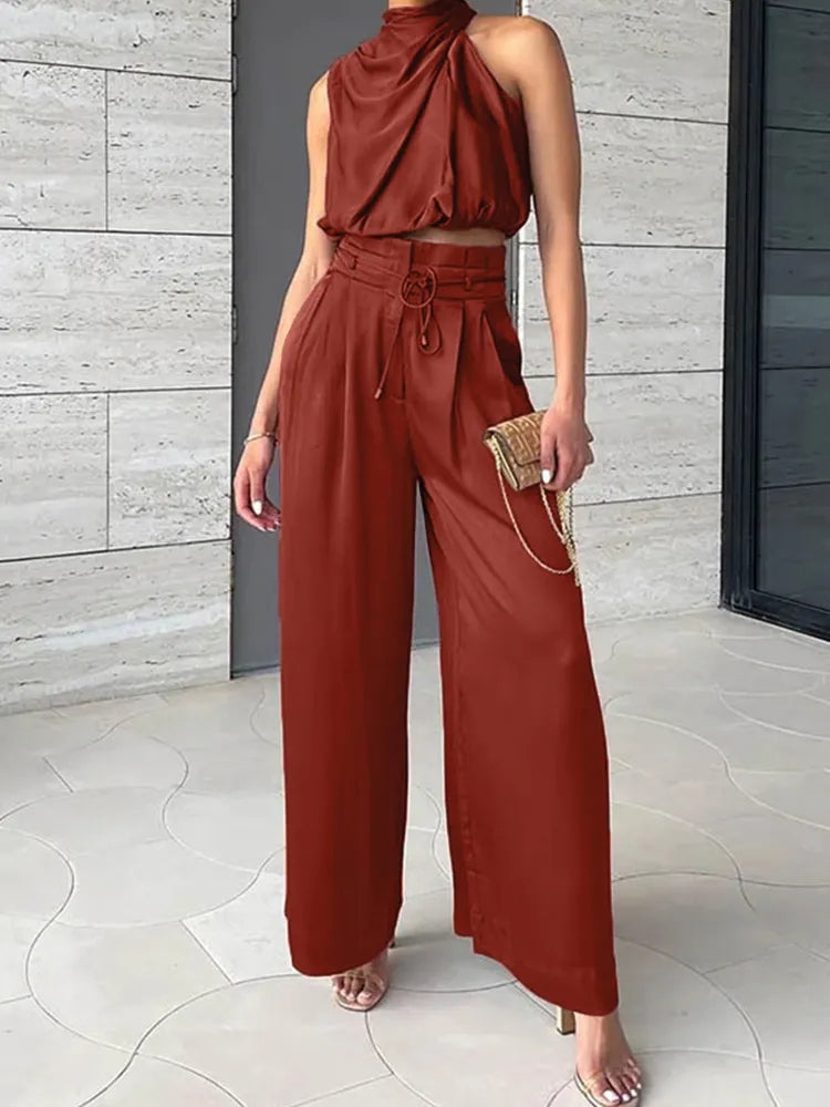 Satin Two-Piece Set | Draped Crop & Wide-Leg Pants | Elegant & Flowing