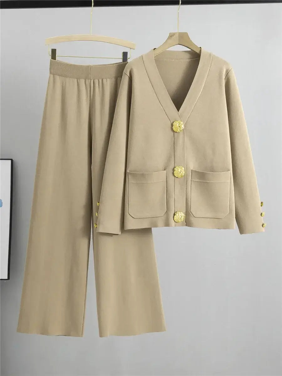 Knit Lounge Set | Two-Piece | Gold Button Detail