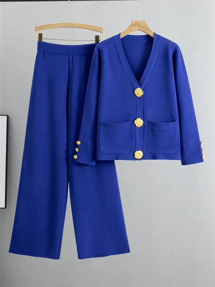 Knit Lounge Set | Two-Piece | Gold Button Detail