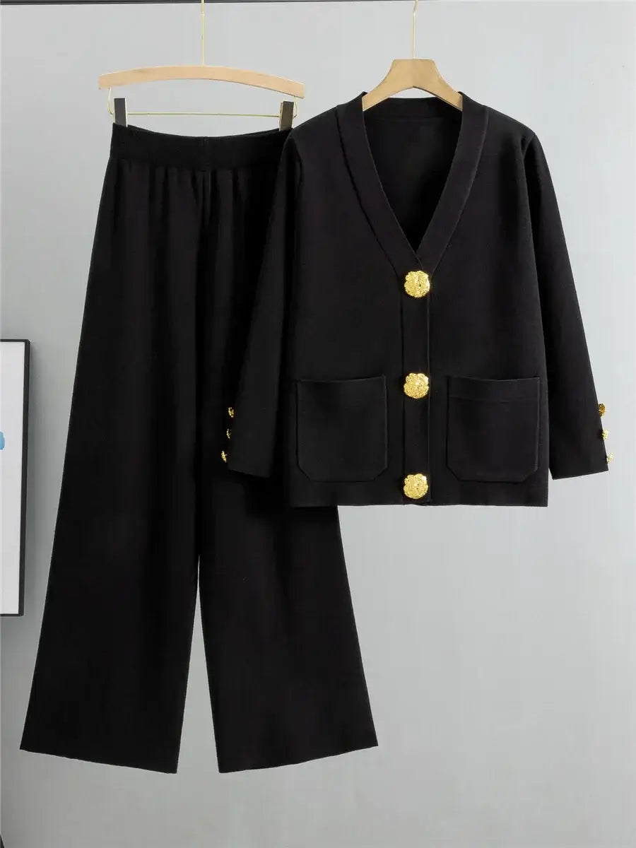 Knit Lounge Set | Two-Piece | Gold Button Detail