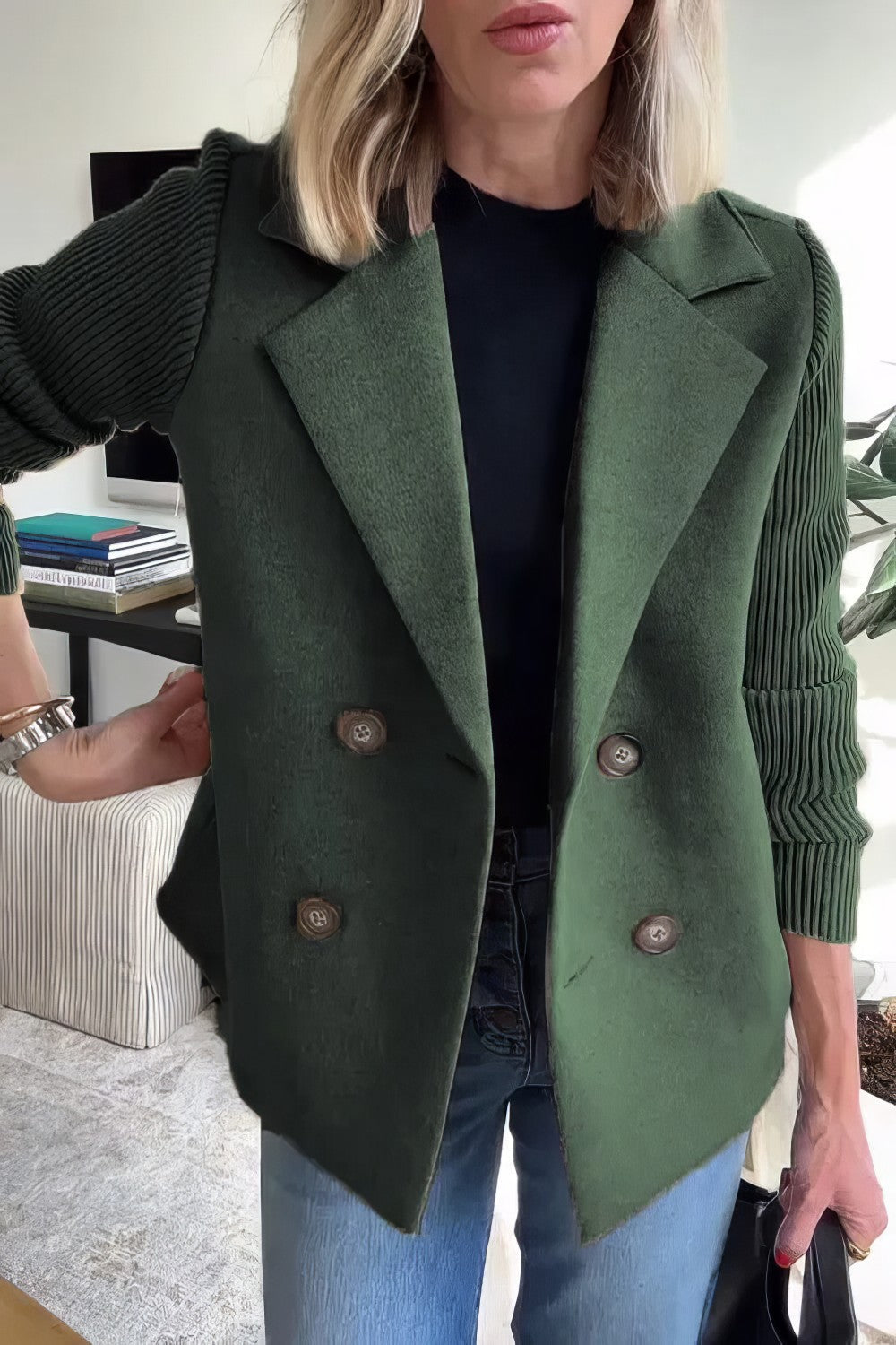 Mixed-Media Blazer | Pink Wool & Knit | Structured & Stylish