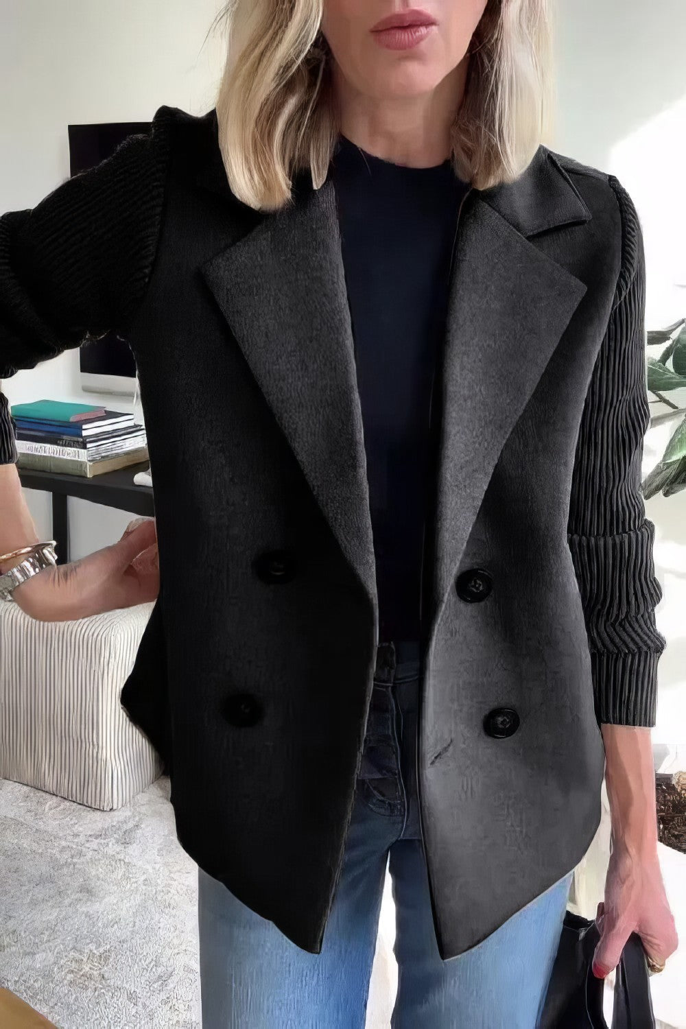 Mixed-Media Blazer | Pink Wool & Knit | Structured & Stylish