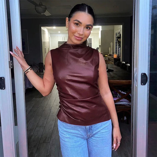 Faux Leather Sleeveless Top | Draped Neck | Bold & Sleek