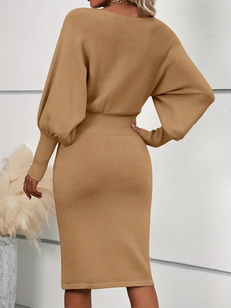Ribbed Knit Dress | Balloon Sleeves | Elegant & Fitted