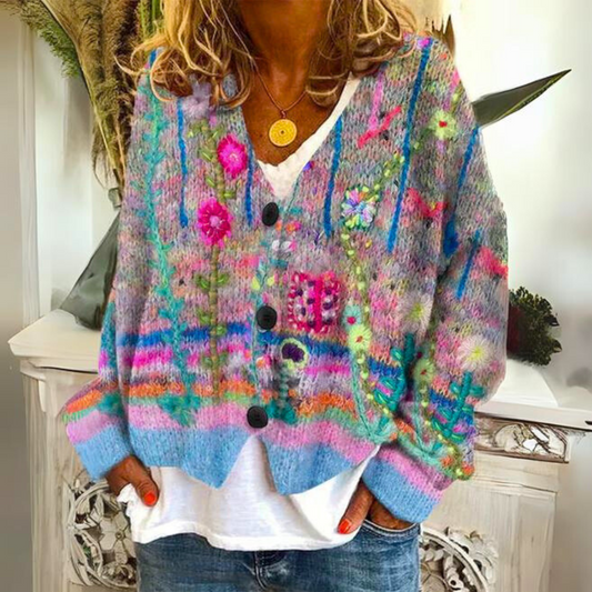 Art Knit Cardigan | Floral Pattern | Cozy & Creative