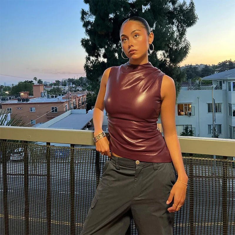 Faux Leather Sleeveless Top | Draped Neck | Bold & Sleek