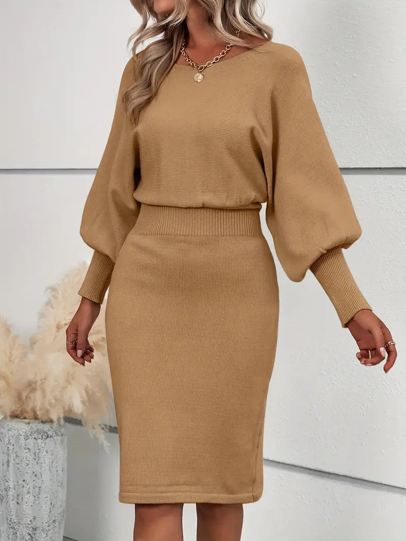 Ribbed Knit Dress | Balloon Sleeves | Elegant & Fitted