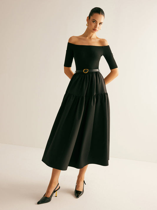 Off-Shoulder Midi Dress | Belted | Elegant & Timeless