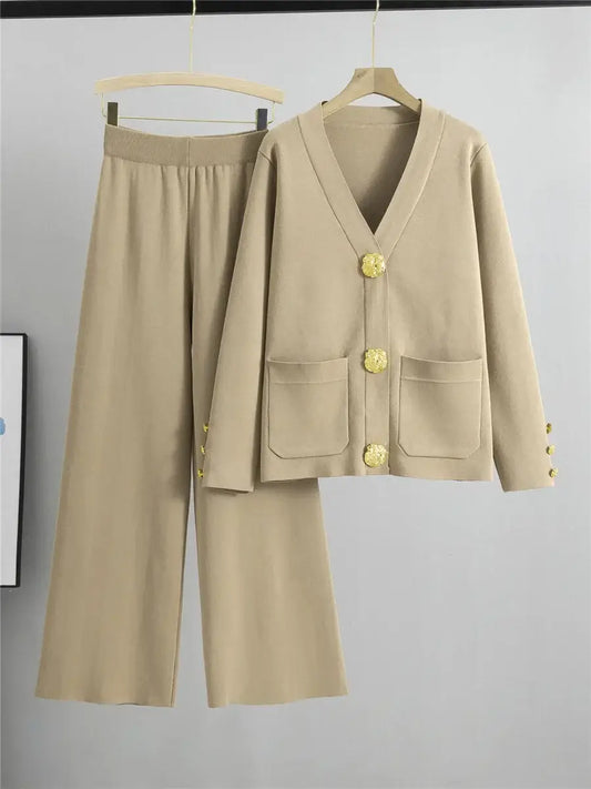 Knit Lounge Set | Two-Piece | Gold Button Detail