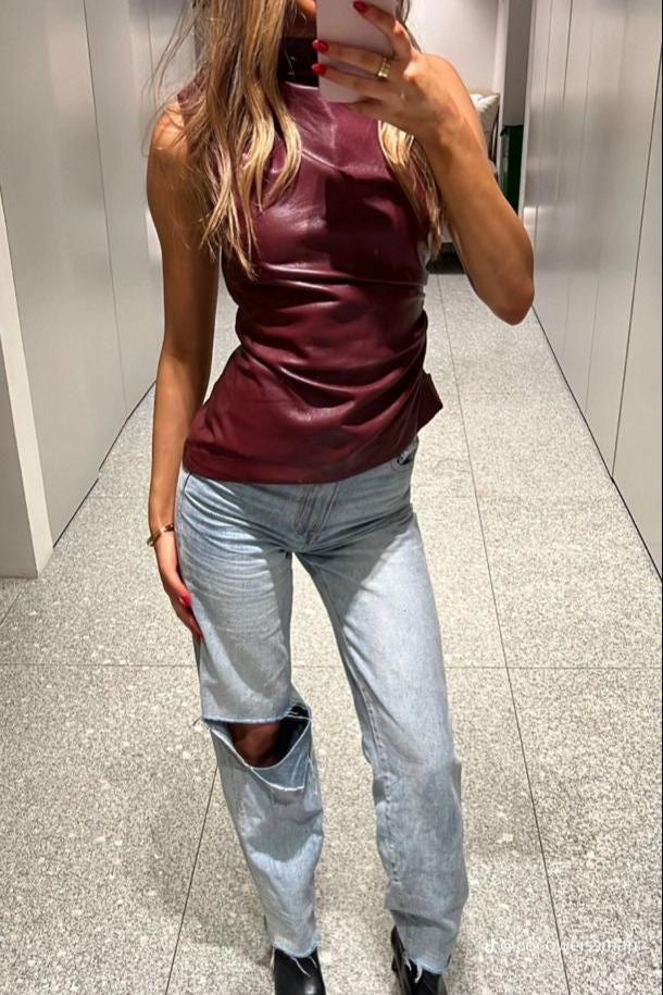 Faux Leather Sleeveless Top | Draped Neck | Bold & Sleek
