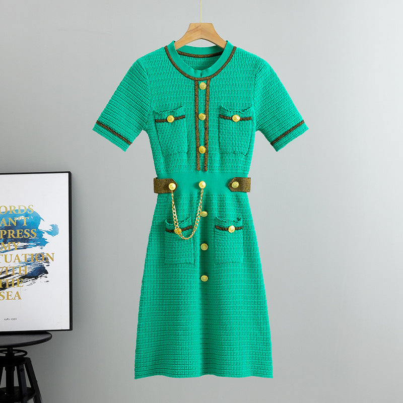 Tweed Belted Dress | Gold Button Detail | Elegant Contrast Trim