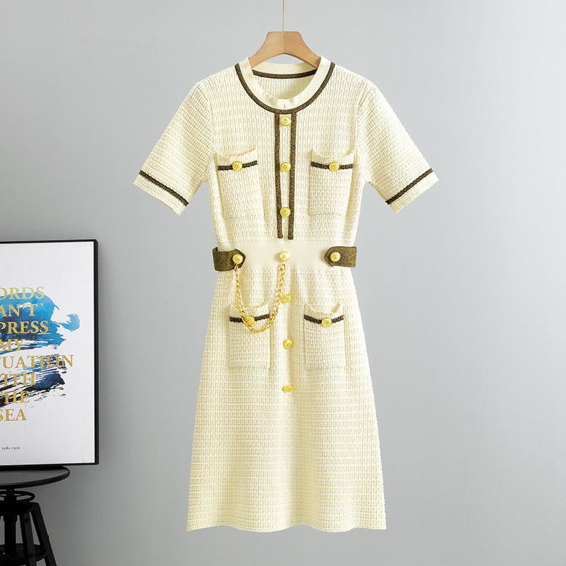 Tweed Belted Dress | Gold Button Detail | Elegant Contrast Trim
