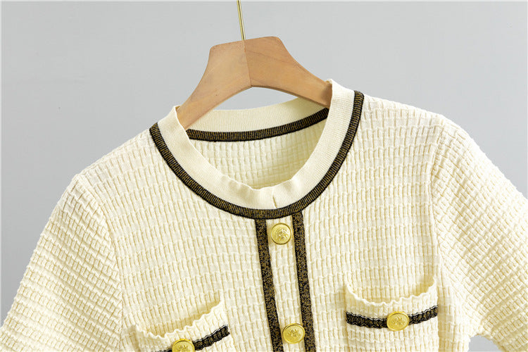 Tweed Belted Dress | Gold Button Detail | Elegant Contrast Trim