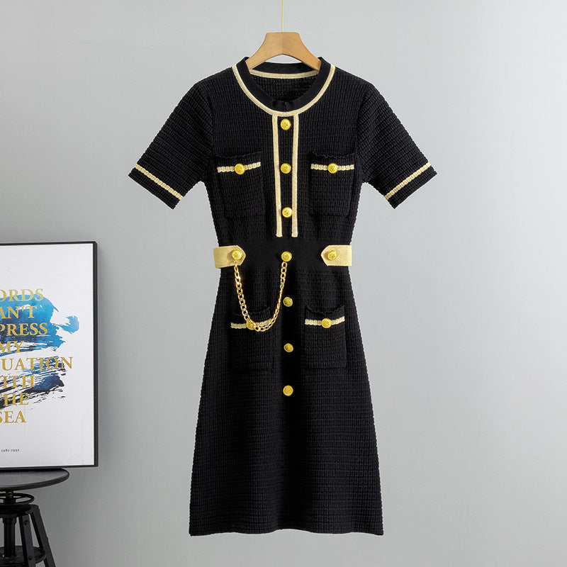 Tweed Belted Dress | Gold Button Detail | Elegant Contrast Trim