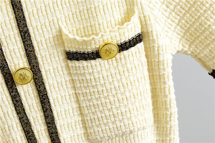 Tweed Belted Dress | Gold Button Detail | Elegant Contrast Trim