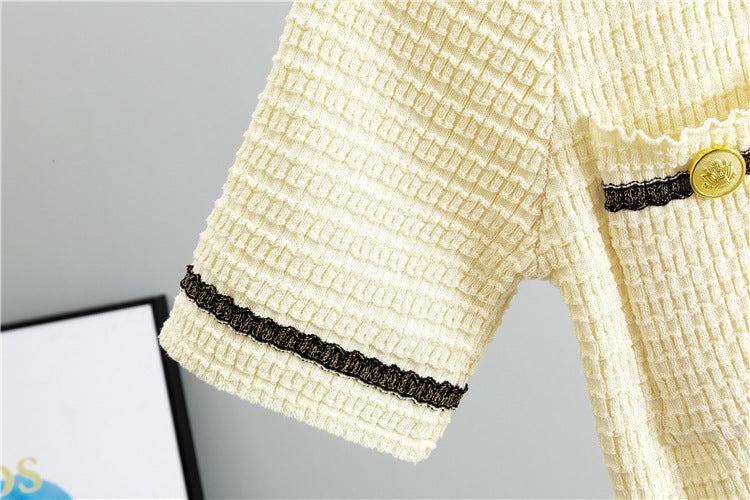 Tweed Belted Dress | Gold Button Detail | Elegant Contrast Trim