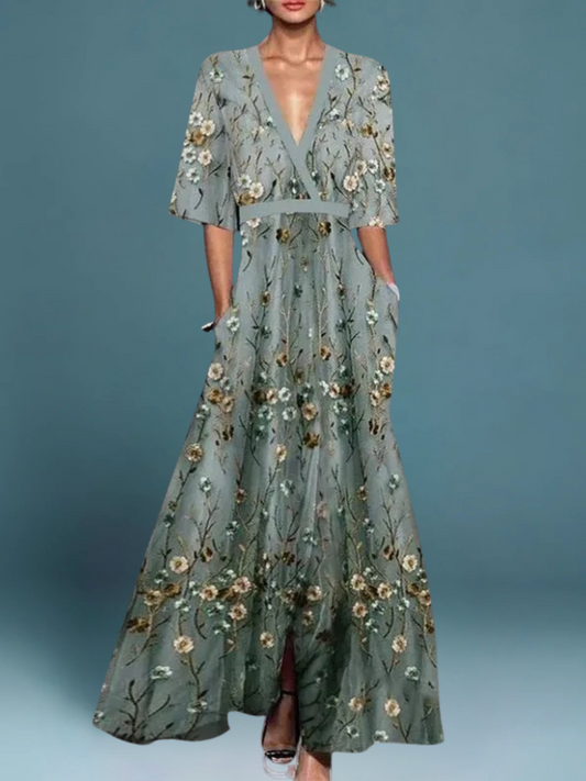 Floral Embroidered Maxi Dress | Elegant Wrap Style | Light and Flowing