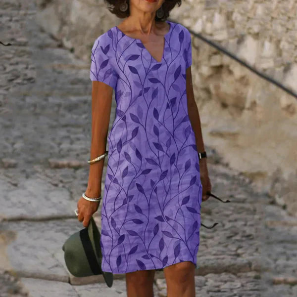 Linen Leaf Dress | V-Neck | Breezy & Nature-Inspired