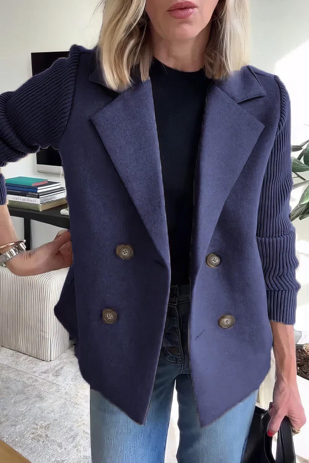 Mixed-Media Blazer | Pink Wool & Knit | Structured & Stylish